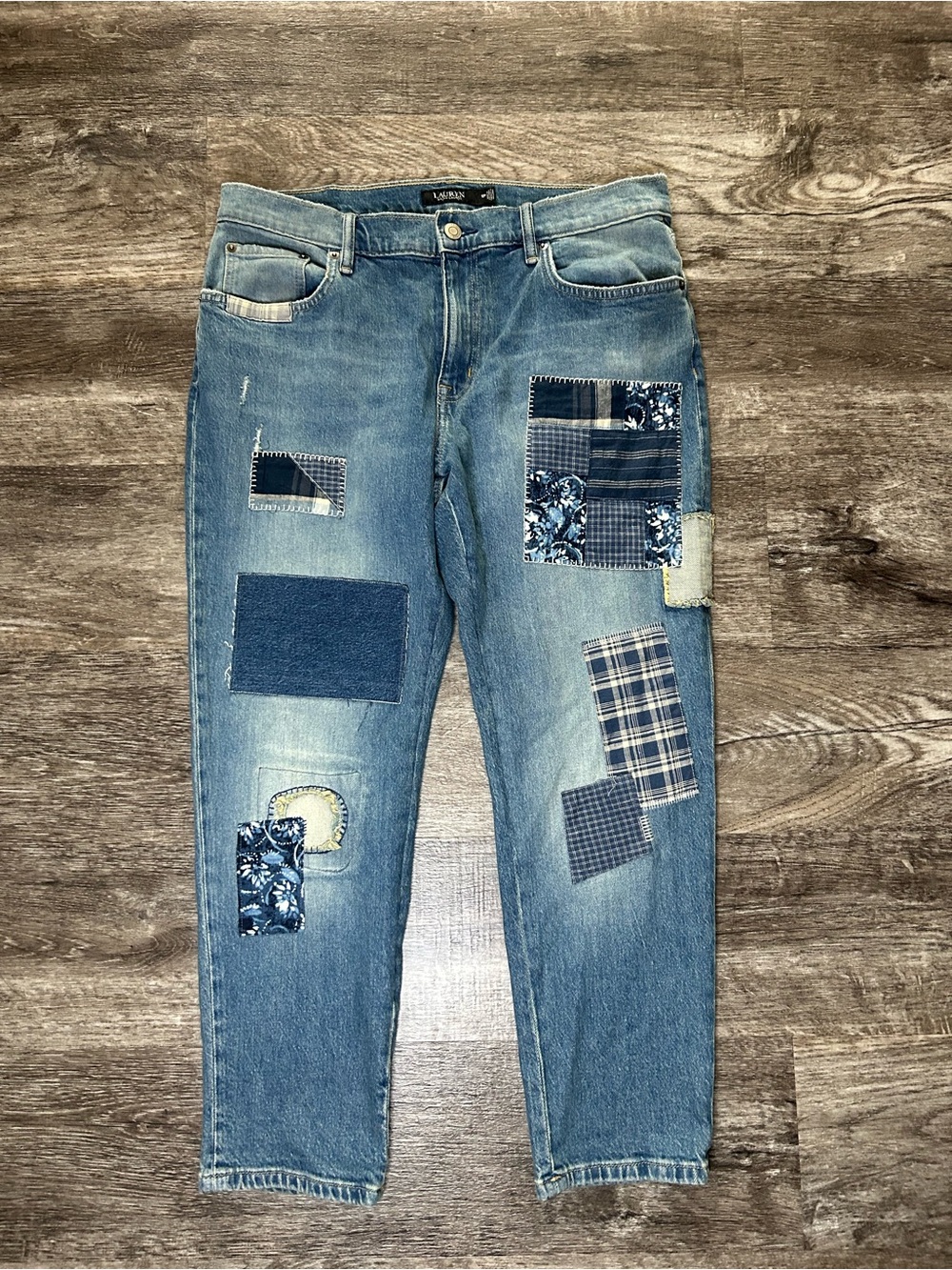 Lauren Ralph Lauren Women's Jeans Size 12P Patchwork Distressed Blue Denim